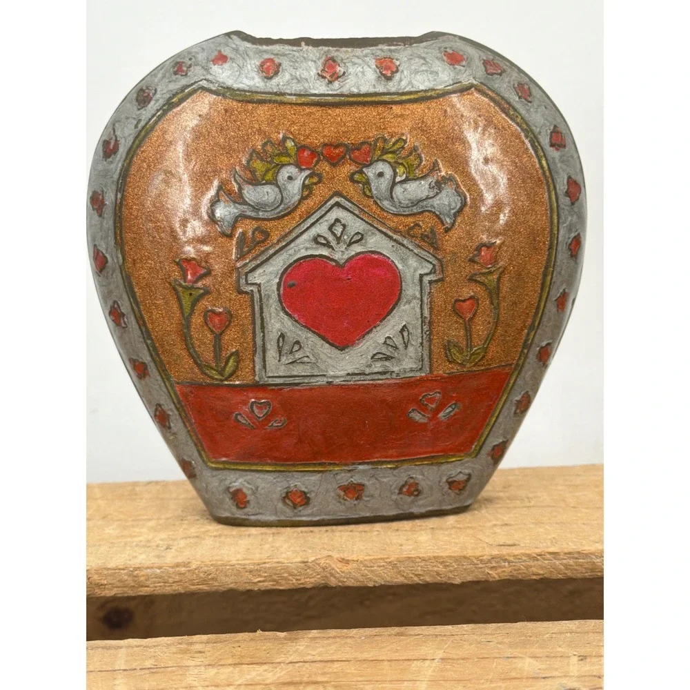 Vintage Solid Brass Enamel Bud Vase India Folk Art Doves Heart House Copper Red